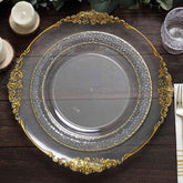 10-Pack Plastic 10" Round Dinner Plates in Clear Hammered Design with Gold Rim - Disposable Party Plates for Chic Banquets & Special Occasions