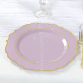 10-Pack Plastic 10" Round Dinner Plates in Lavender Lilac with Gold Scalloped Rim - Disposable Party Plates