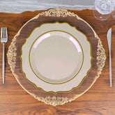 10-Pack Plastic 10" Round Dinner Plates in Taupe with Gold Scalloped Rim - Disposable Party Plates