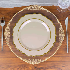 10-Pack Plastic 10" Round Dinner Plates in Taupe with Gold Scalloped Rim - Disposable Party Plates