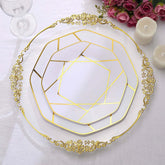 10-Pack Plastic 10" Octagon Dinner Plates in White - Modern Disposable Party Plates with Gold Geometric Design for Special Occasions & Celebrations