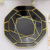 10-Pack Plastic 8" Octagon Dessert Plates in Black - Modern Disposable Salad/Appetizer Plates with Gold Geometric Design for Special Occasions & Celebrations