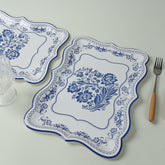 10-Pack Paper 14"x10" Rectangle Serving Trays White Royal Blue Damask Floral Pattern for Weddings & Parties