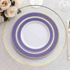 10-Pack Plastic Round Dessert Plates 7" White with Navy Blue Gold Spiral Rim - Disposable Salad Plates
