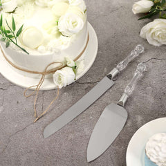 2 Set Knife and Server Stainless Steel with Clear Acrylic Handle - Party Favors with Gift Box 10" & 12"