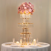 40" Crystal Pendant Table Centerpiece in 5-Tier Gold, Round Flower Stand Metal Vase Chandelier with Hanging Crystals