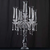 5 Arm Crystal Glass Taper Candle Holder Candelabra, Stylish Table Centerpiece With Chandelier Chains 32"