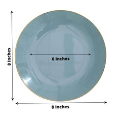 10-Pack Plastic 8" Round Dessert Plates in Dusty Blue with Gold Rim - Glossy Disposable Appetizer Salad Plates