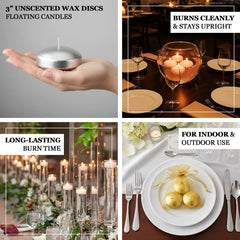 12 Pack 3" Silver Floating Candles, Unscented Dripless Wax Discs for Centerpieces