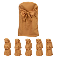 10-Pack Polyester Slip-On Folding Chair Covers with Attached Sashes – Gold Durable Reusable Covers for Wedding & Event Decor