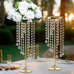 2-Pack Metal Flower Stand Gold with Spiral Hanging Beads - Crystal Pedestal Table Wedding Centerpiece 24"