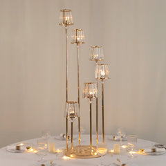 Crystal Pendant 6-Arm Cluster Candelabra Candle Holder, 4ft Gold Metal Candle Stand with Round Base