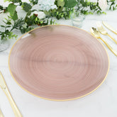 20 Pack 13" Economy Plastic Charger Plates – Transparent Dusty Rose Swirl Design with Gold Rim, Stylish Table Chargers