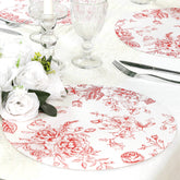10-Pack Disposable Table Placemats in French Toile Print 13" in Matte White/Red - Chic Floral Cardboard Placemats for Stylish Table Setting