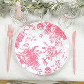 10-Pack French Toile Plastic Party Plates – Pink & White Floral, 10" Round Disposable Dinner Plates