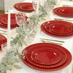 10-Pack Red Plastic Dessert Plates – 8" Round with Gold Beaded Rim, Disposable for Parties & Events
