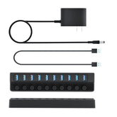 10-Port USB 3.0 Powered Charging Hub – 12V/2A with Independent Switches for LED Lamps, Event Lights & Wedding Installations