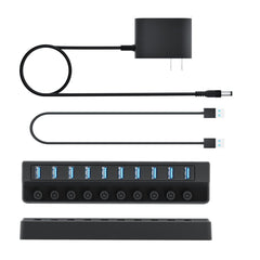 10-Port USB 3.0 Powered Charging Hub – 12V/2A with Independent Switches for LED Lamps, Event Lights & Wedding Installations