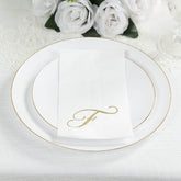 100 Paper Dinner Napkins White with Gold Foil Monogram "F" – 8"x4" Folded, Disposable Party Napkins