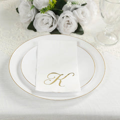 100 Paper Dinner Napkins White with Gold Foil Monogram "K" – 8"x4" Folded, Disposable Party Napkins
