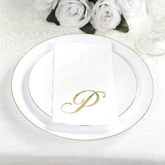 100 Paper Dinner Napkins White with Gold Foil Monogram "P" – 8"x4" Folded, Disposable Party Napkins