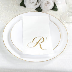 100 Paper Dinner Napkins White with Gold Foil Monogram "R" – 8"x4" Folded, Disposable Party Napkins