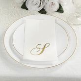 100 Paper Dinner Napkins White with Gold Foil Monogram "S" – 8"x4" Folded, Disposable Party Napkins