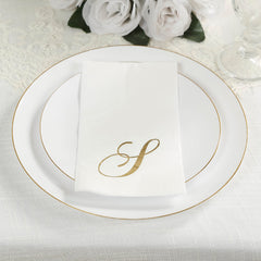 100 Paper Dinner Napkins White with Gold Foil Monogram "S" – 8"x4" Folded, Disposable Party Napkins