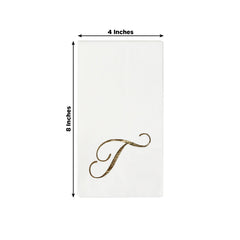 100 Paper Dinner Napkins White with Gold Foil Monogram "T" – 8"x4" Folded, Disposable Party Napkins
