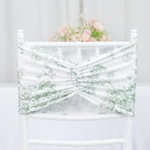 5 Pack Wide Spandex Chair Sashes in White Dusty Sage Green French Toile – Stylish Ruffled Chair Bands - 8"x13"