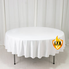 Fire Retardant Scuba Tablecloth – 90" Round White, Wrinkle Free, Stain Resistant Polyester Cover