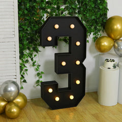 Giant LED Marquee Light Up Number "3", Black 4ft Pre-Cut Foam Board with 10 Warm White Battery Operated LEDs, Glue Gun and Sticks