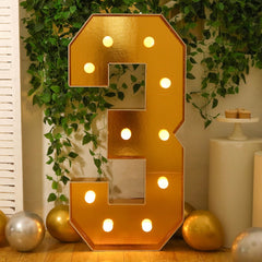 Giant LED Marquee Light Up Number "3", Gold 4ft Pre-Cut Foam Board with 10 Warm White Battery Operated LEDs, Glue Gun and Sticks