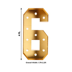 Giant LED Marquee Light Up Number "6", Gold 4ft Pre-Cut Foam Board with 10 Warm White Battery Operated LEDs, Glue Gun and Sticks