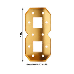 Giant LED Marquee Light Up Number "8", Gold 4ft Pre-Cut Foam Board with 10 Warm White Battery Operated LEDs, Glue Gun and Sticks