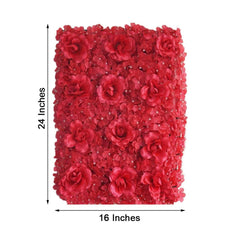11 Sq ft. Red 3D Silk Rose and Hydrangea Flower Wall Mat Backdrop - 4 Artificial Panels