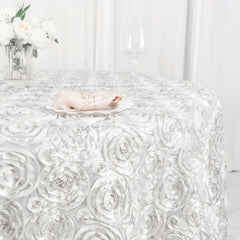 Satin 120" Round Tablecloth White - Grandiose 3D Rosette Design with Seamless Finish for Luxe Events