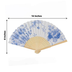 5-Pack Paper Folding Fans Party Favors in White & Blue French Toile Pattern, Handheld Fans with Bamboo Frame