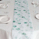Disposable Table Runner 11"x108" White with Green Eucalyptus Leaves Print - Non-woven Stylish Spring Summer Dining Decor