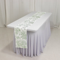 Polyester Table Runner 12"x108" White with Dusty Sage Green French Toile Floral Print Reusable Table Décor