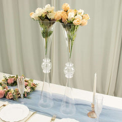 2-Pack Flower Vases Trumpet Design with Crystal Embellishments Clear - Reversible Plastic Centerpieces for Events 27"