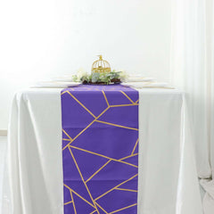 Polyester 9ft Table Runner Purple with Gold Foil Modern Geometric Accent