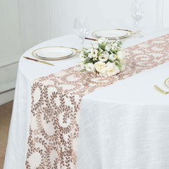 Mesh 12"x108" Table Runner Rose Gold - Leaf Vine Embroidery