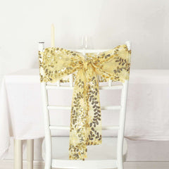 5 Pack Tulle Chair Sashes with Leaf Vine Embroidered Sequins Gold 6"x88" - Stylish Decor for Weddings