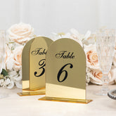Gold Mirror Arch Acrylic Table Numbers (1-10) - 6"x7" Wedding Reception Signs with Black Print & Stands