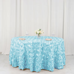 Satin 120" Round Tablecloth Light Blue - Grandiose 3D Rosette with Seamless Finish Table Cover