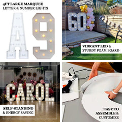 Giant LED Marquee Light Up Number "4", White 4ft Pre-Cut Foam Board with 10 Warm White Battery Operated LEDs, Glue Gun and Sticks