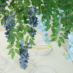 55" Artificial Silk Wisteria Vine Round Hanging Canopy in Dusty & Light Blue, Draping Garland Flower Chandelier With Interchangeable Branches