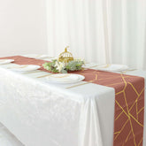 Polyester 9ft Table Runner Terracotta (Rust) with Gold Foil Modern Geometric Accent