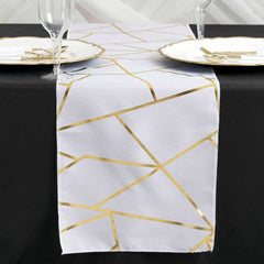 Polyester 9ft Table Runner White with Gold Foil Geometric Pattern - Modern & Stylish Table Decor
